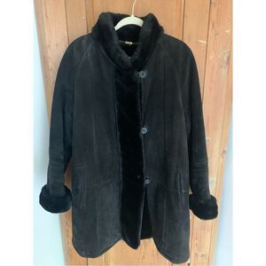 Gallery black suede leather faux fur trim/lined long winter coat